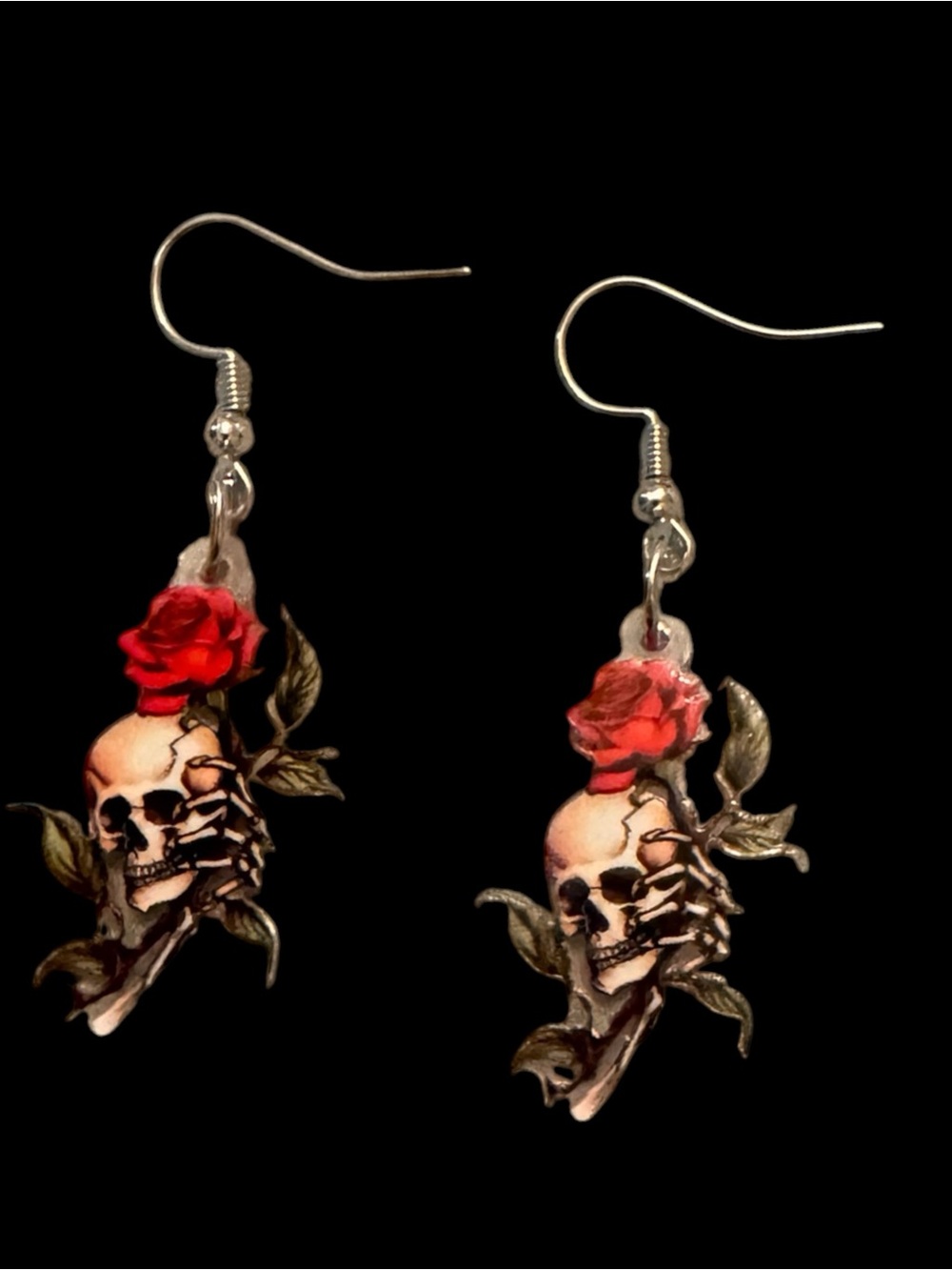 Skull & Red Rose Double Sided Acrylic Gothic Dangle Earrings